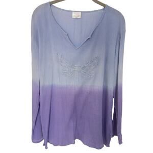Greater Good Boho Dip Dye Top Blue/Purple Embroidered Butterfly Sz L